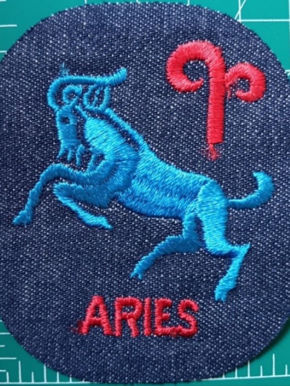 70s Vintage Aries Embroidered Zodiac Dark Denim Sew On Patch Blue & Red Jean